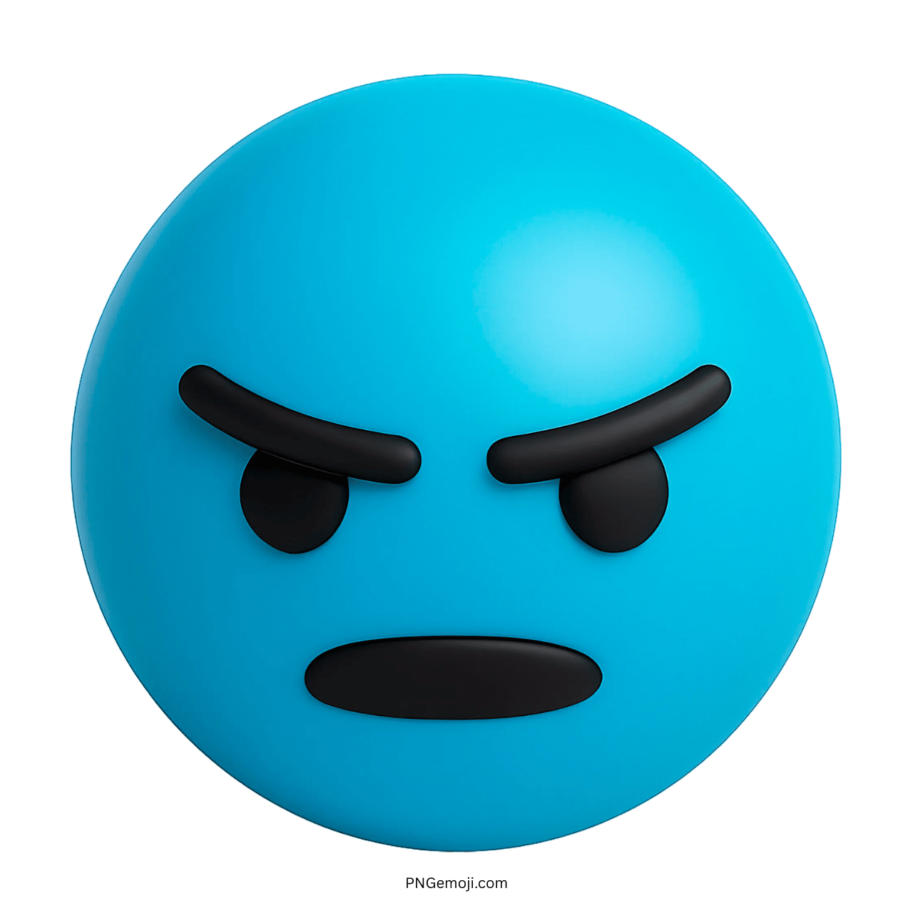 3D cyan blue angry emoji with bold black frown and serious expression