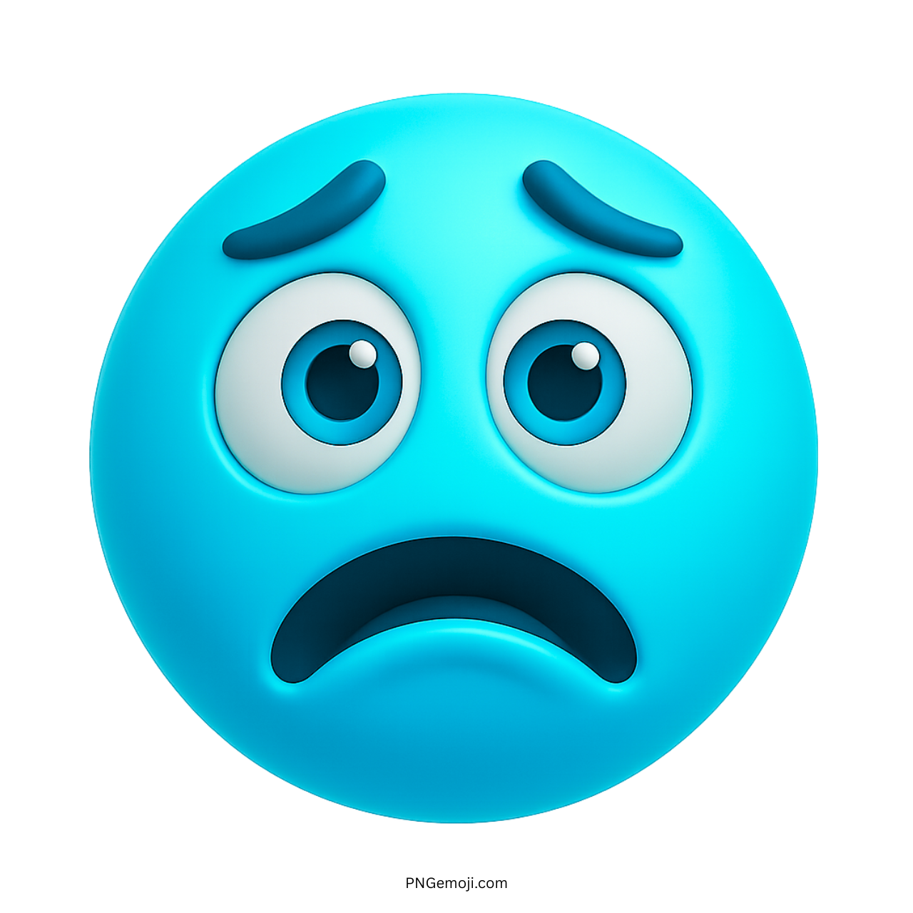 Cyan bored emoji with frown and wide worried eyes expressing emotional discomfort