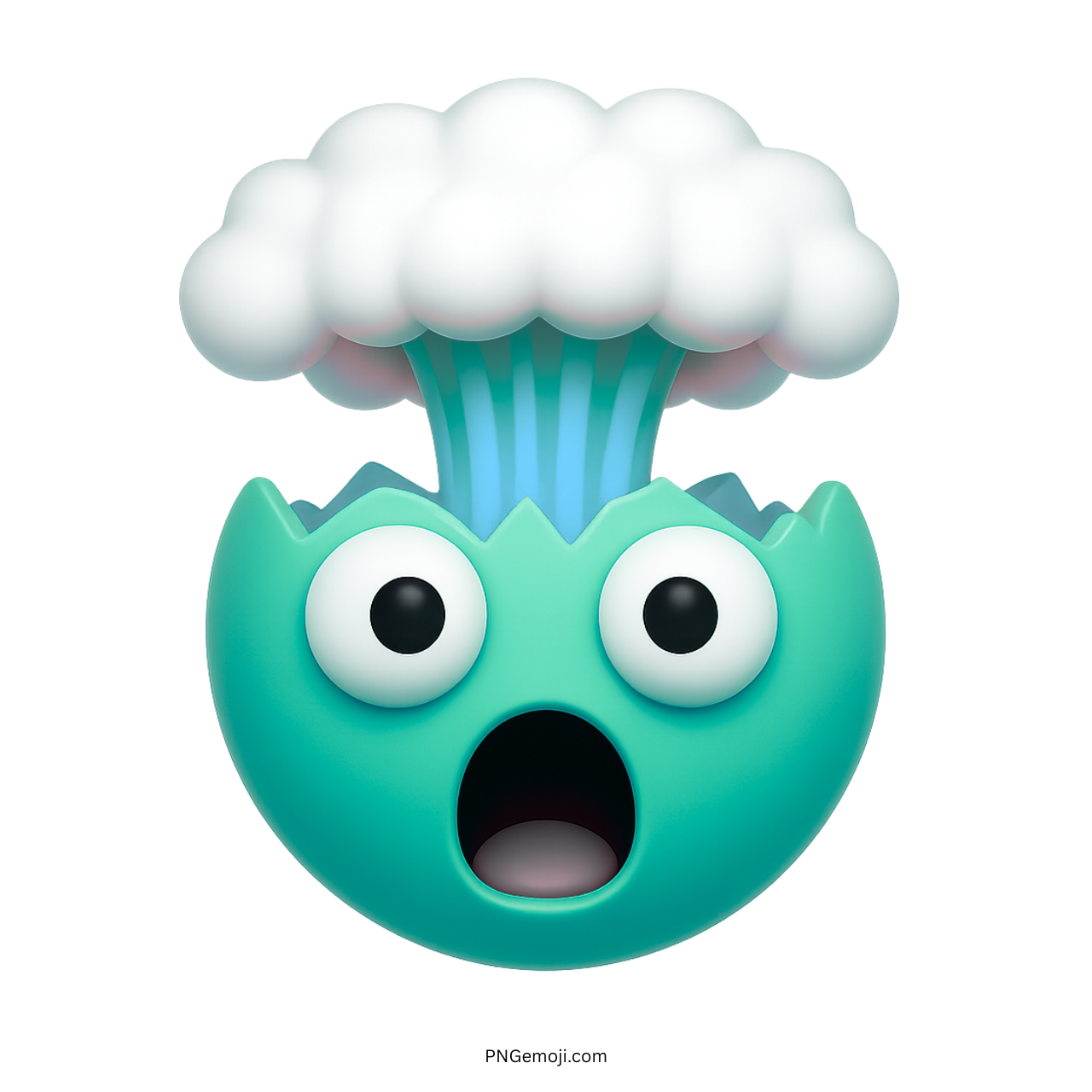 Cyan exploding head emoji cartoon shocked face with white cloud burst