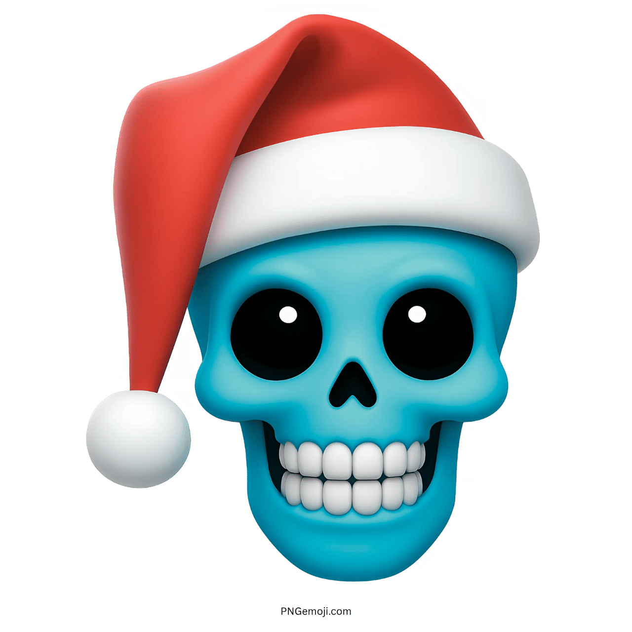 3D cyan skull emoji with Santa hat and big smile cartoon style