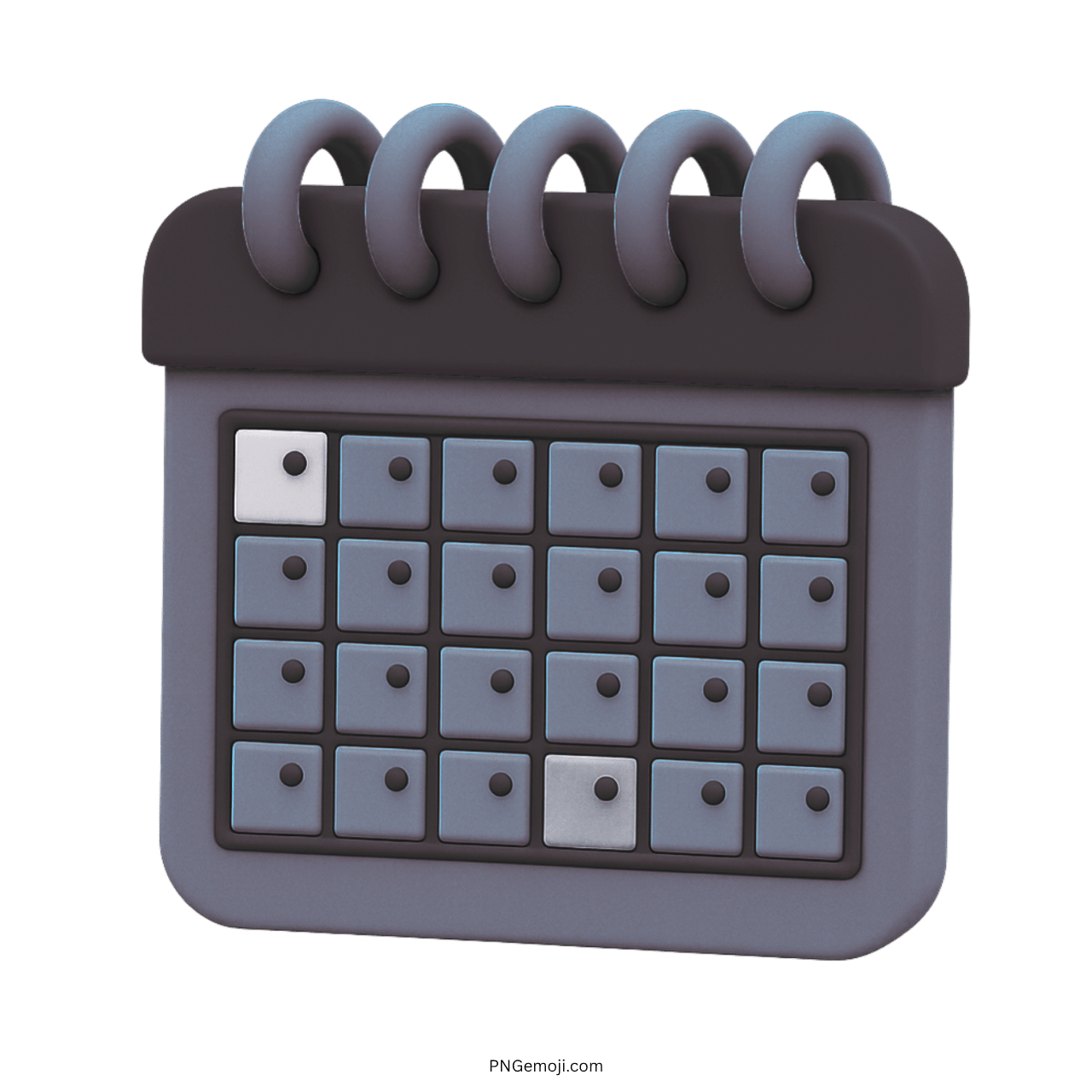 Dark 3D calendar emoji icon with spiral top and date dots