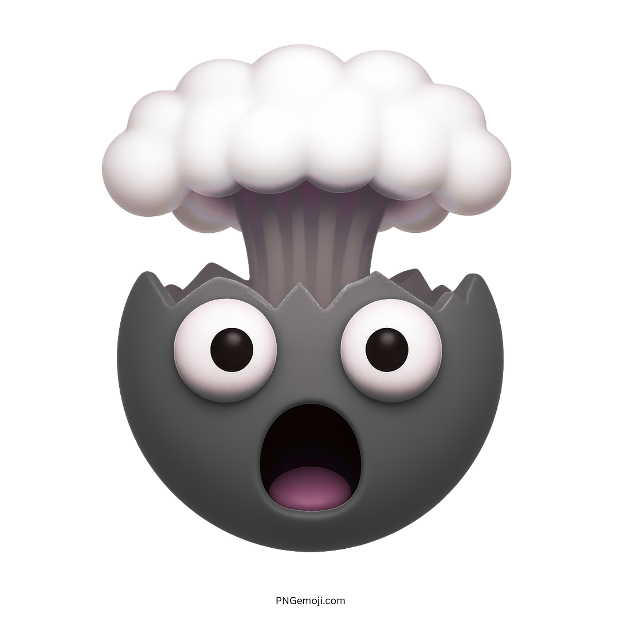 Black 3D exploding head emoji with shocked expression and white explosion cloud