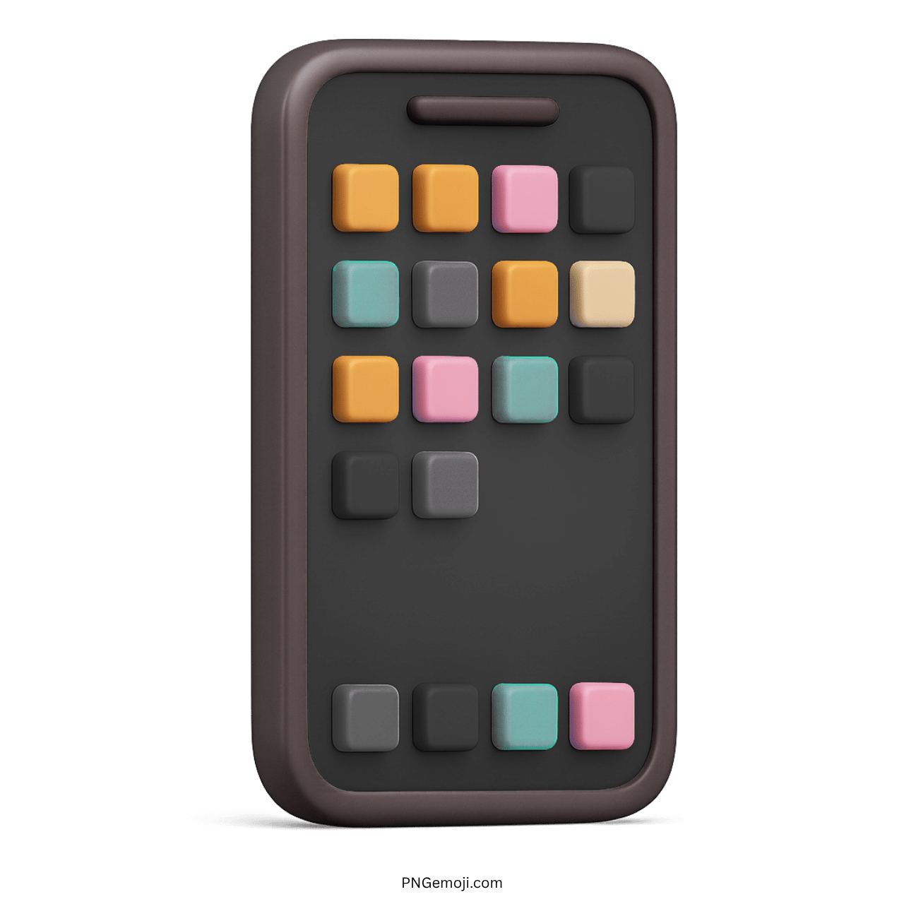 Dark 3D smartphone emoji with pastel and grey square app icons