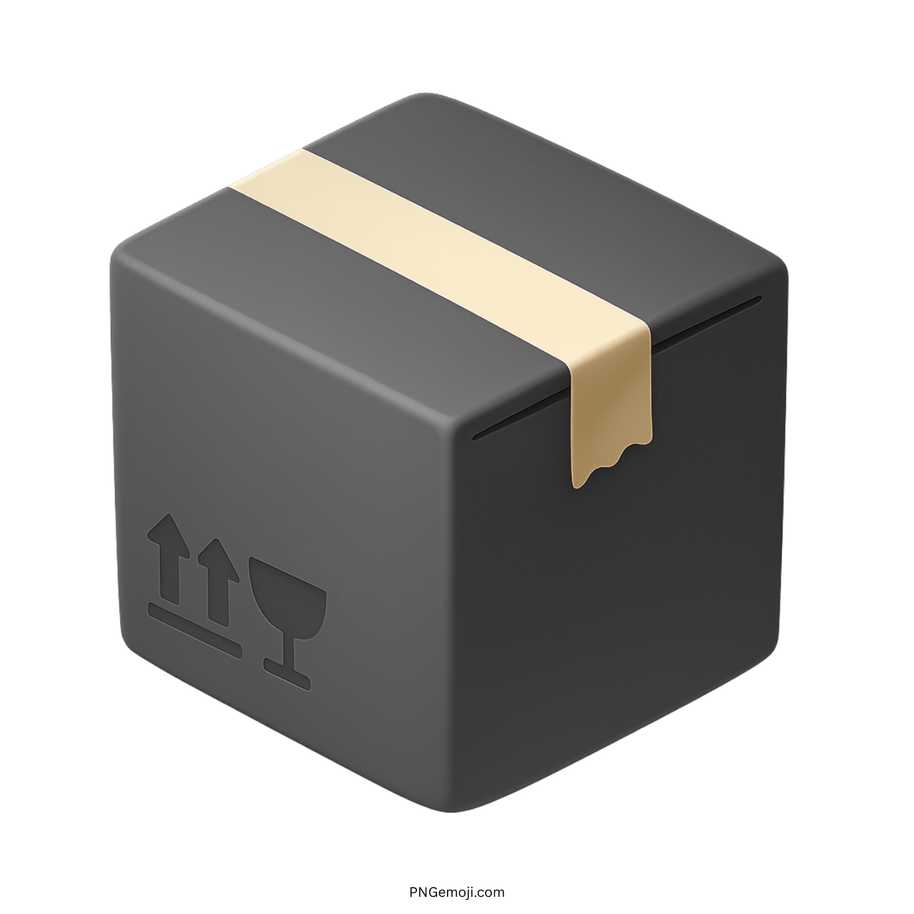 Dark gray 3D package emoji with fragile and orientation icons