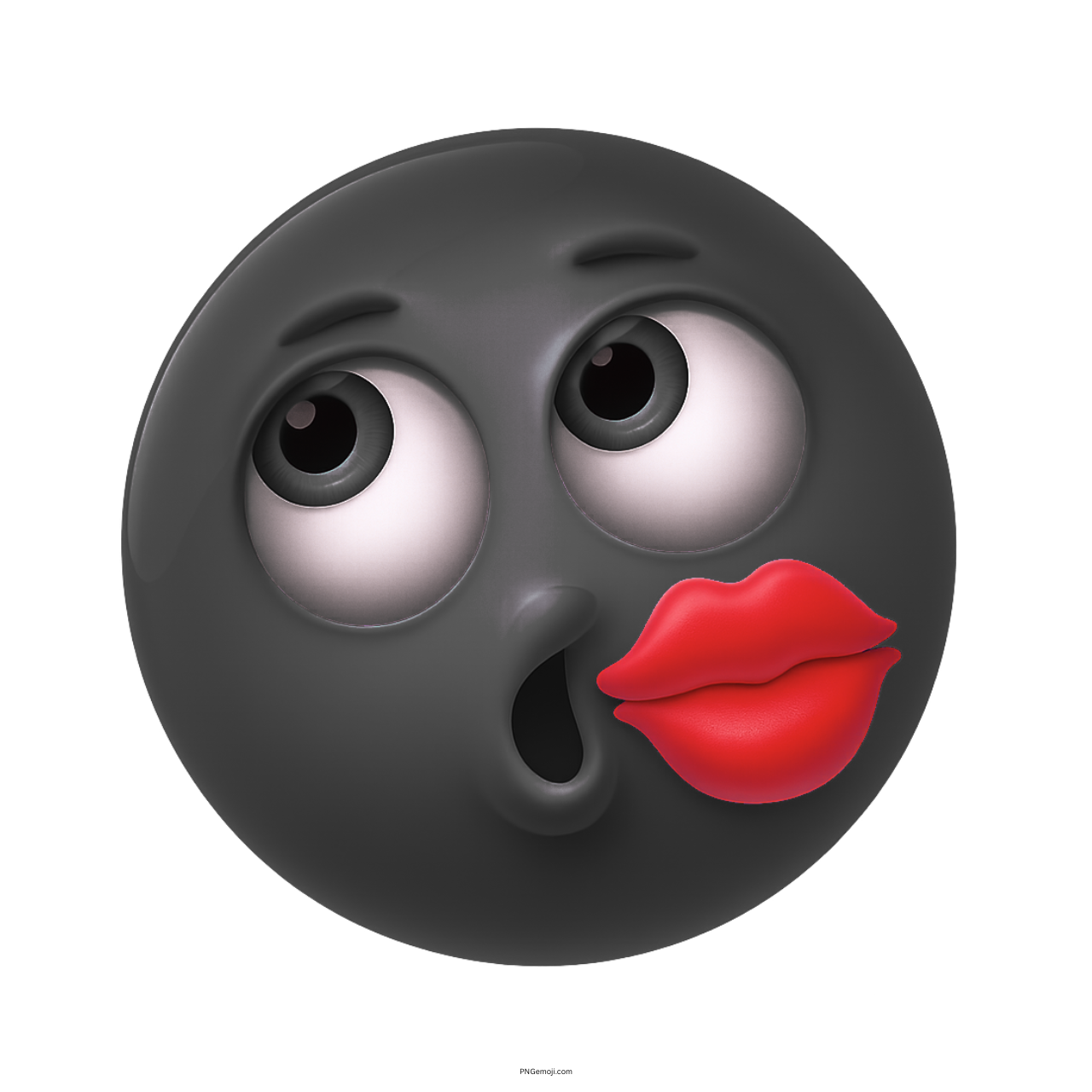 3D dark emoji with surprised face and red kiss mark cartoon style