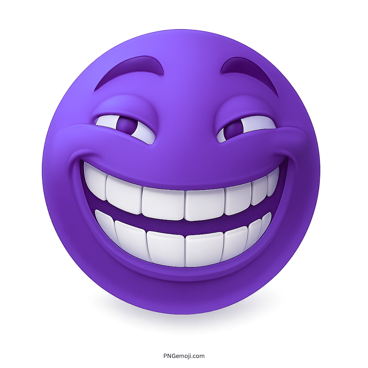 Dark purple troll face emoji with big mischievous grin and raised playful eyebrows