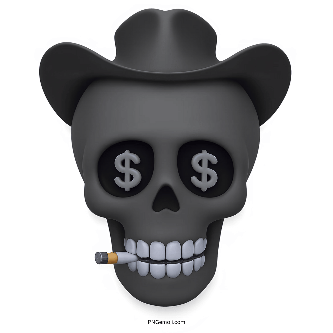 Black skull emoji with cowboy hat, dollar eyes, and cigarette in mouth