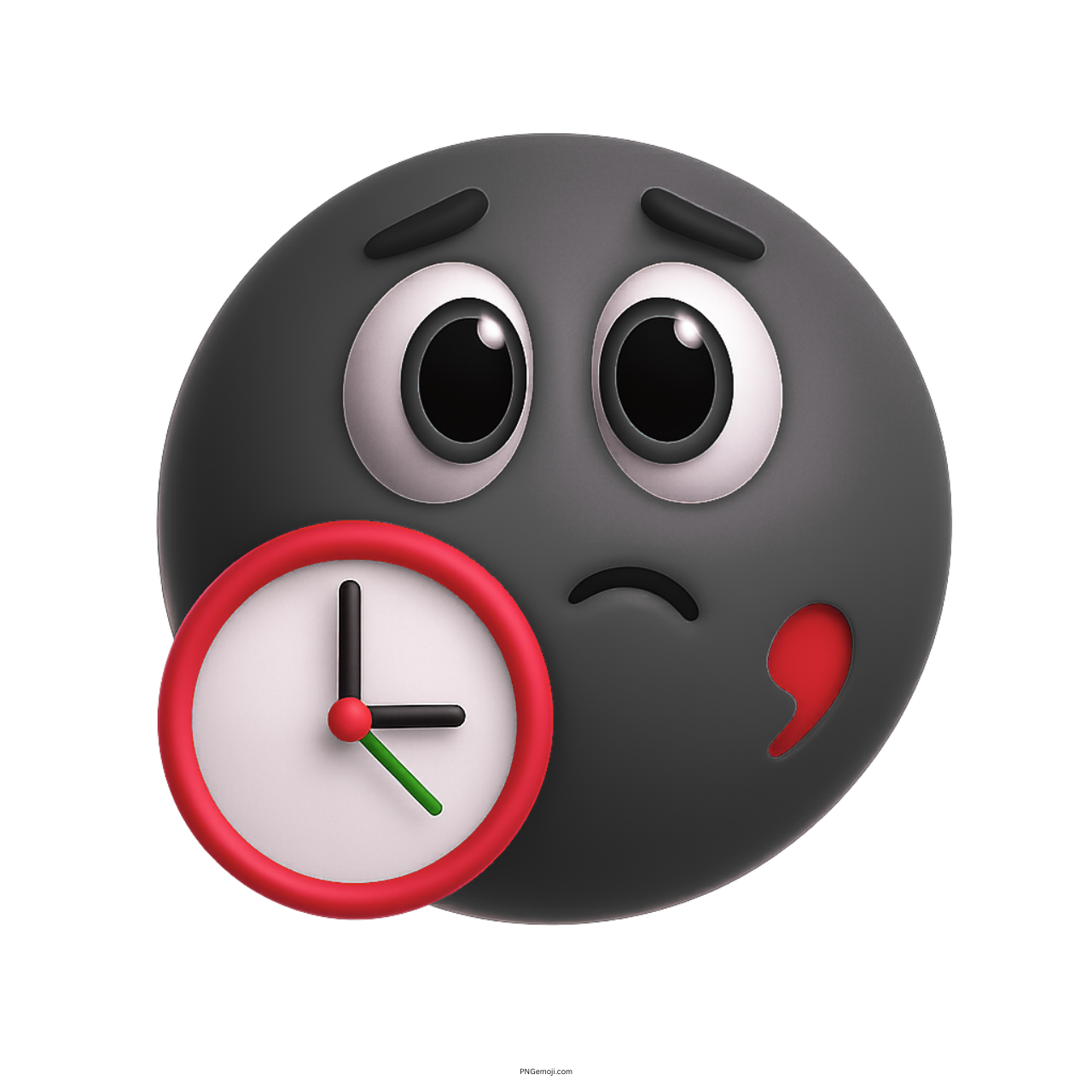 3D dark gray waiting emoji with worried eyes holding a red clock icon