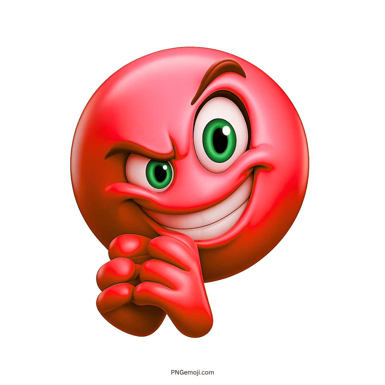 Devious grinning emoji sticker with mischievous smile and green eyes.