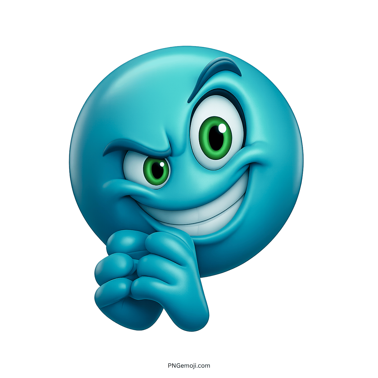 Devious light blue grinning emoji sticker with mischievous smile and green eyes.