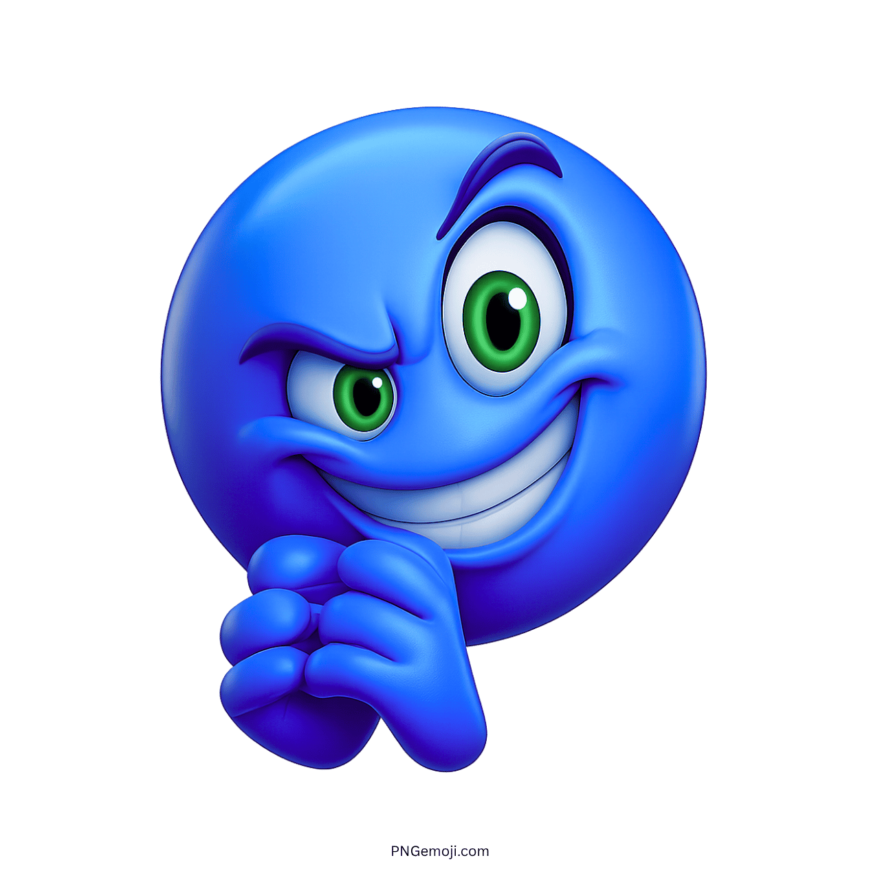Blue emoticon with a mischievous grin and playful expression in 3D cartoon style.