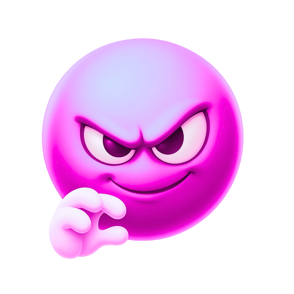 Purple devious smirk emoji with mischievous eyes and hand gesture on transparent background