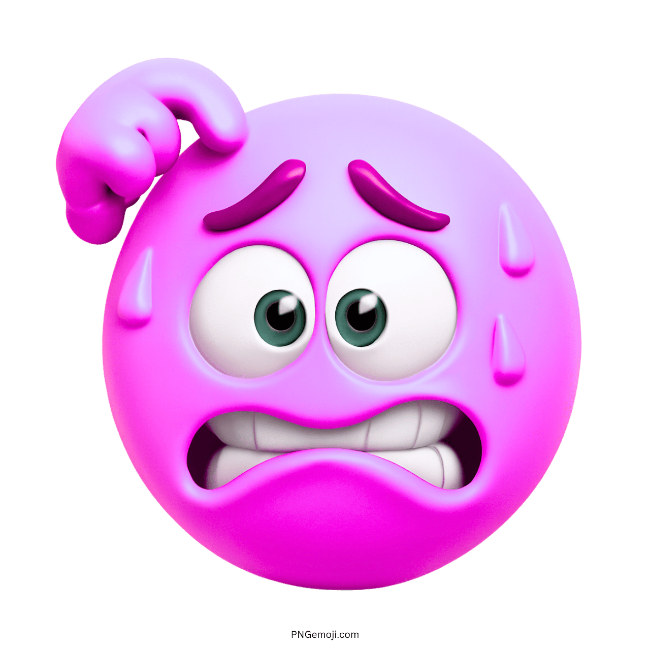 A pink-purple embarrassed emoji scratching its head with a worried expression and visible sweat droplets, showing confusion and anxiety.