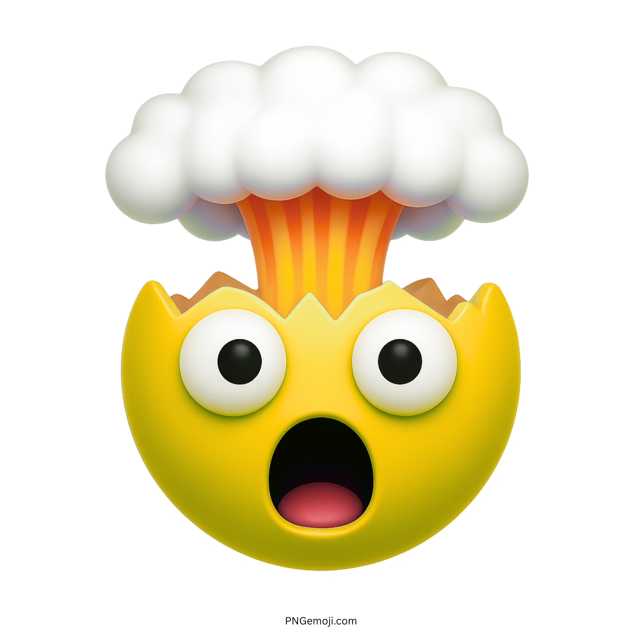 Exploding head emoji with shocked wide eyes cartoon style on transparent background