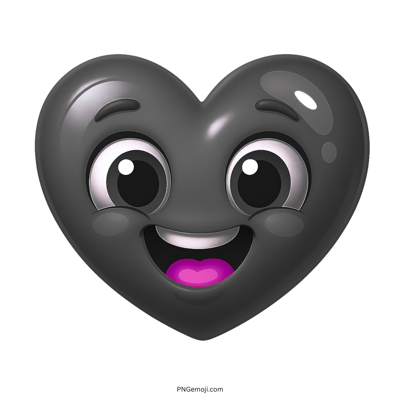 Glossy black smiling heart emoji with big eyes and cheerful happy face expression