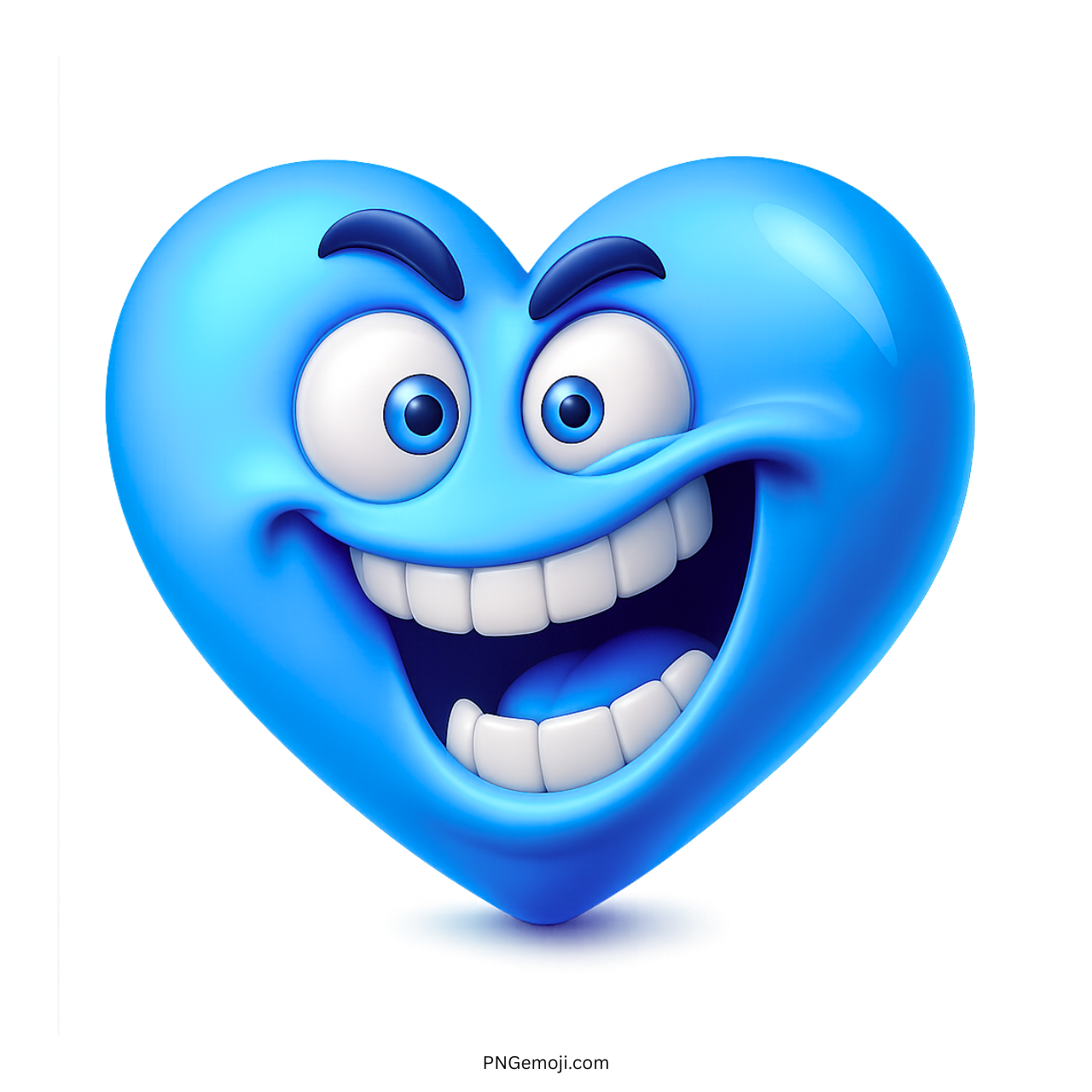 goofy grinning blue heart emoji with big eyes wide smile and funny expression