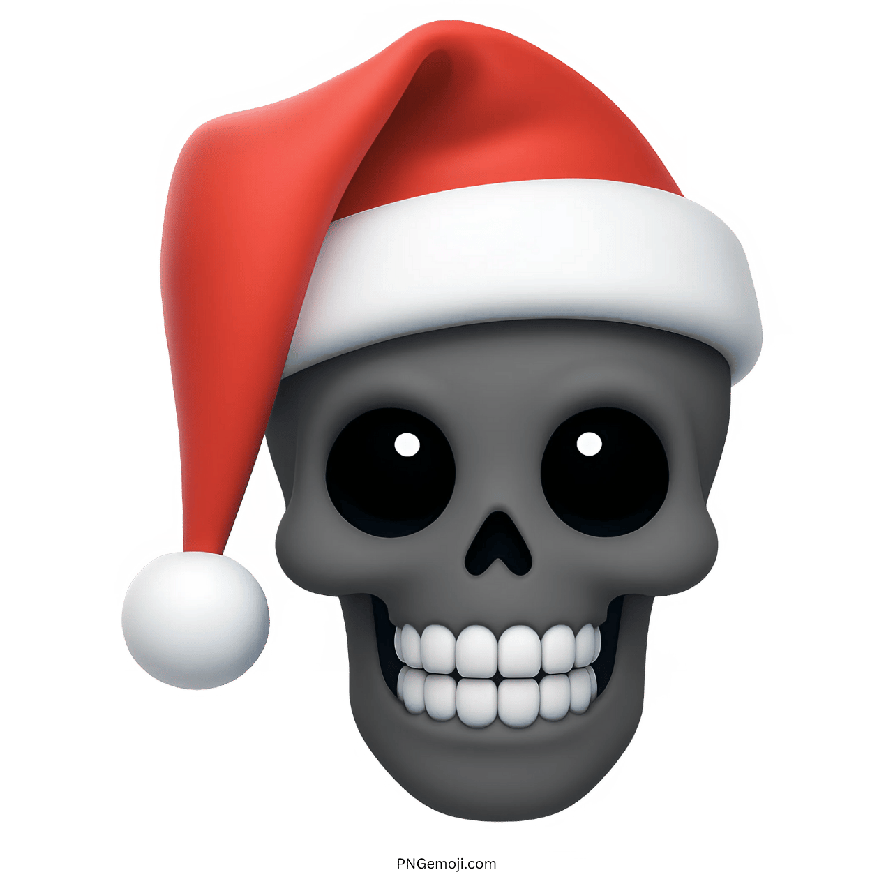 3D gray skull emoji with Santa hat and wide smile on transparent background