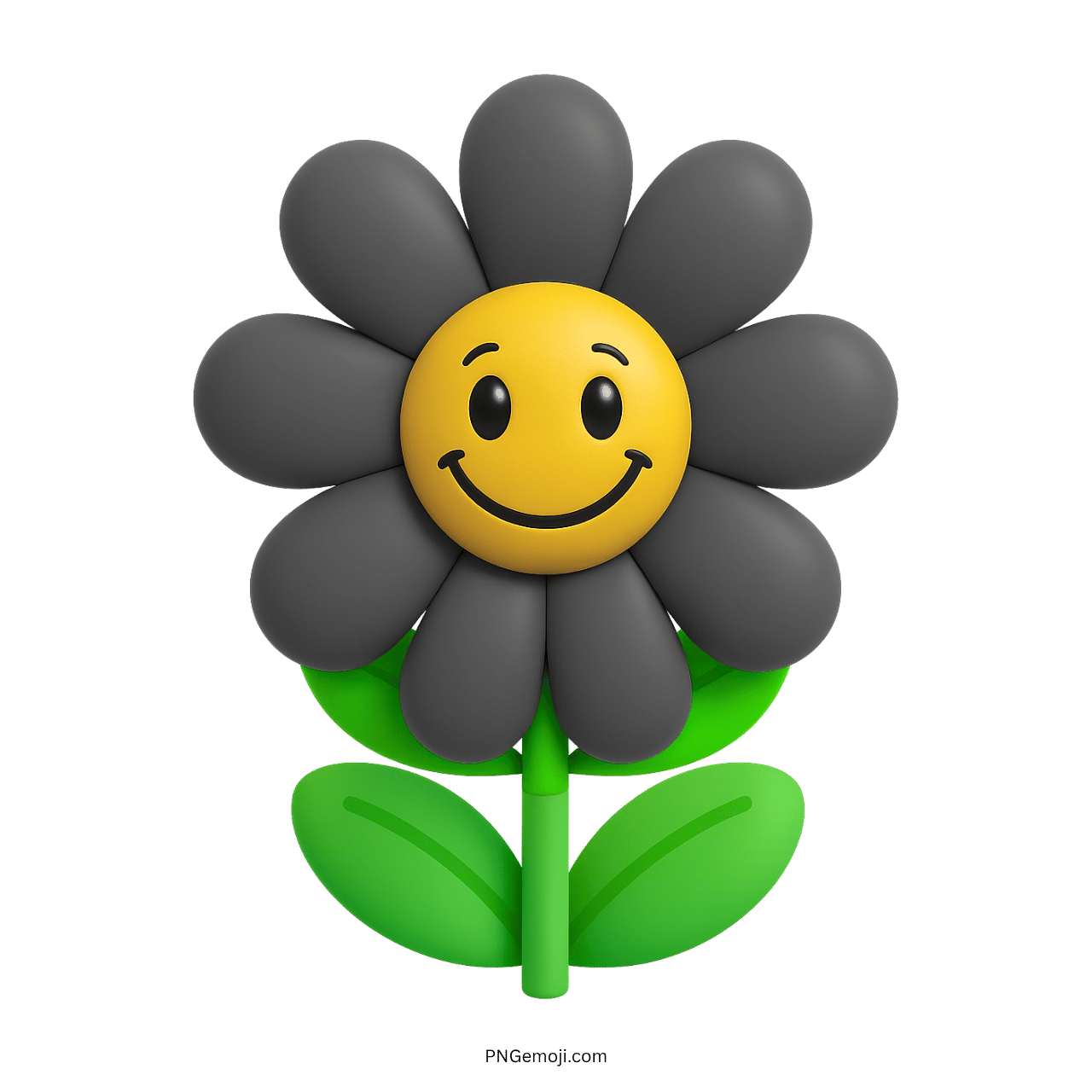 Gray smiling flower with yellow face and green leaves.