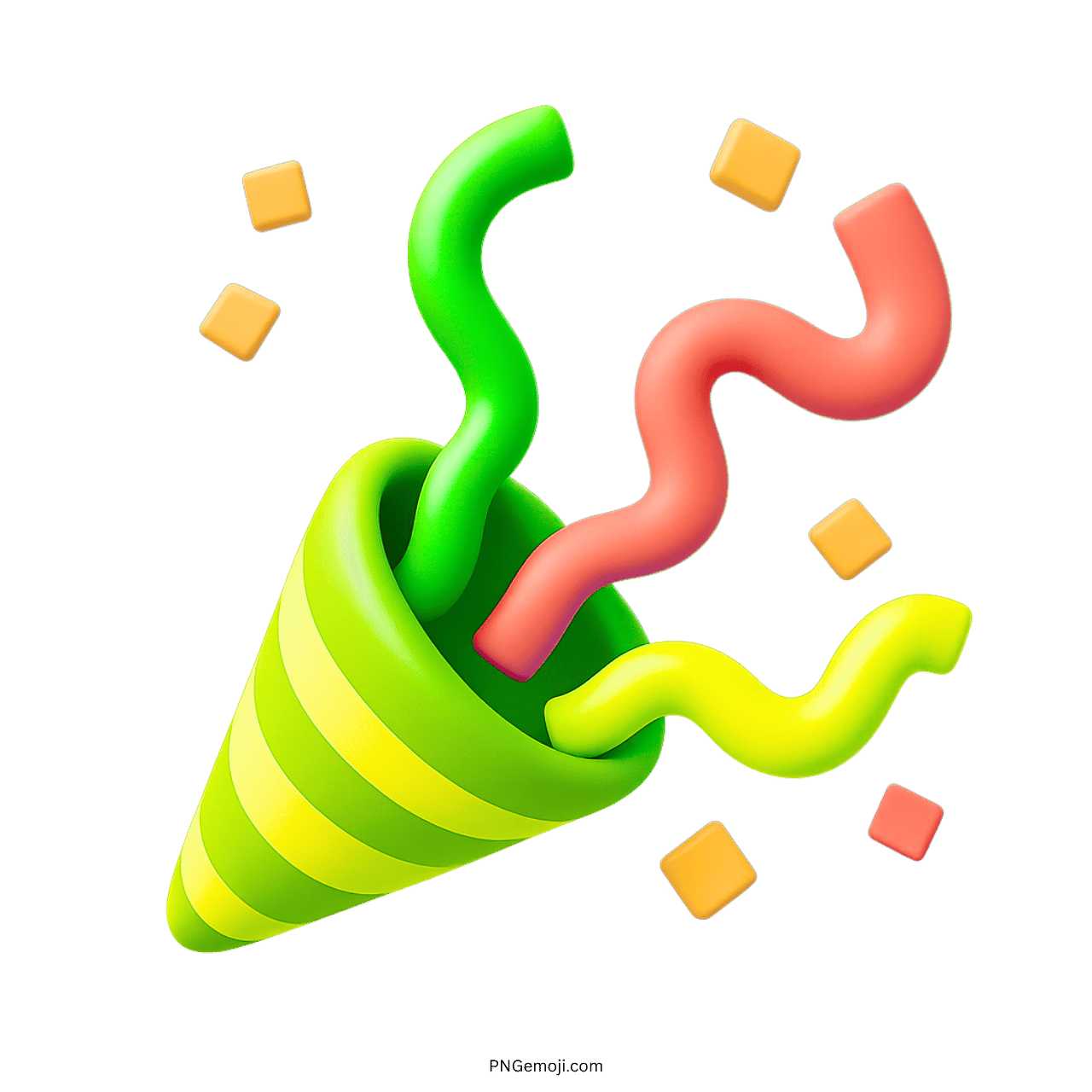 Green 3D confetti emoji PNG with colorful streamers and transparent festive background