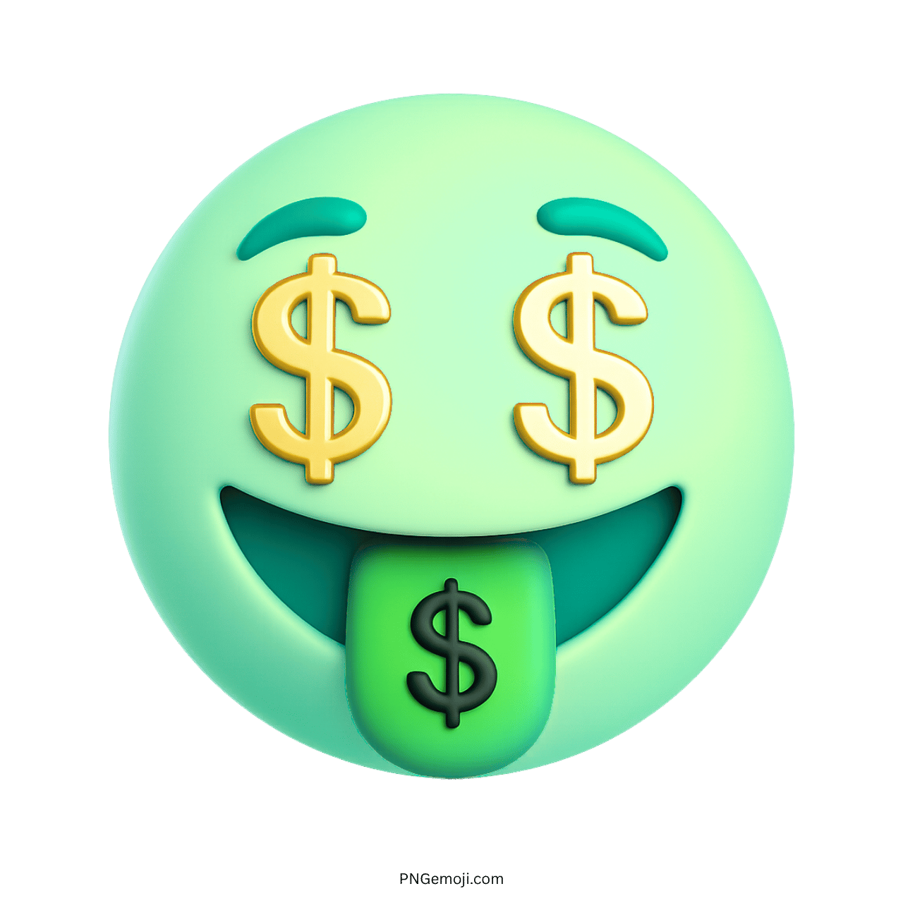 Green 3D money mouth emoji with golden dollar eyes and dollar sign tongue