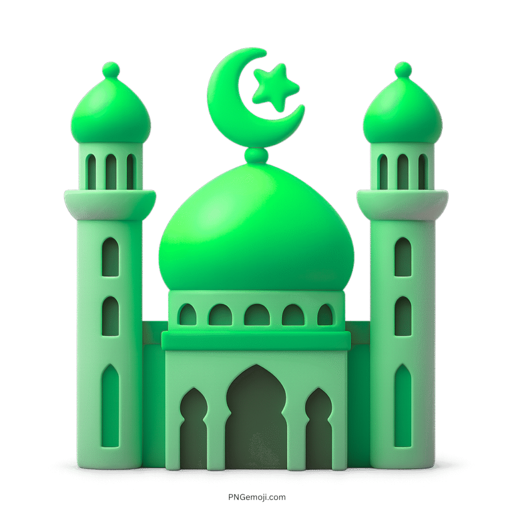 Green 3D mosque emoji with crescent moon and star Islamic symbol icon