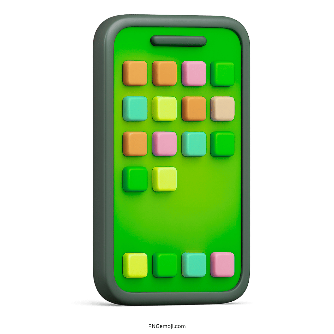 Green 3D smartphone emoji with pastel and bright square app icons