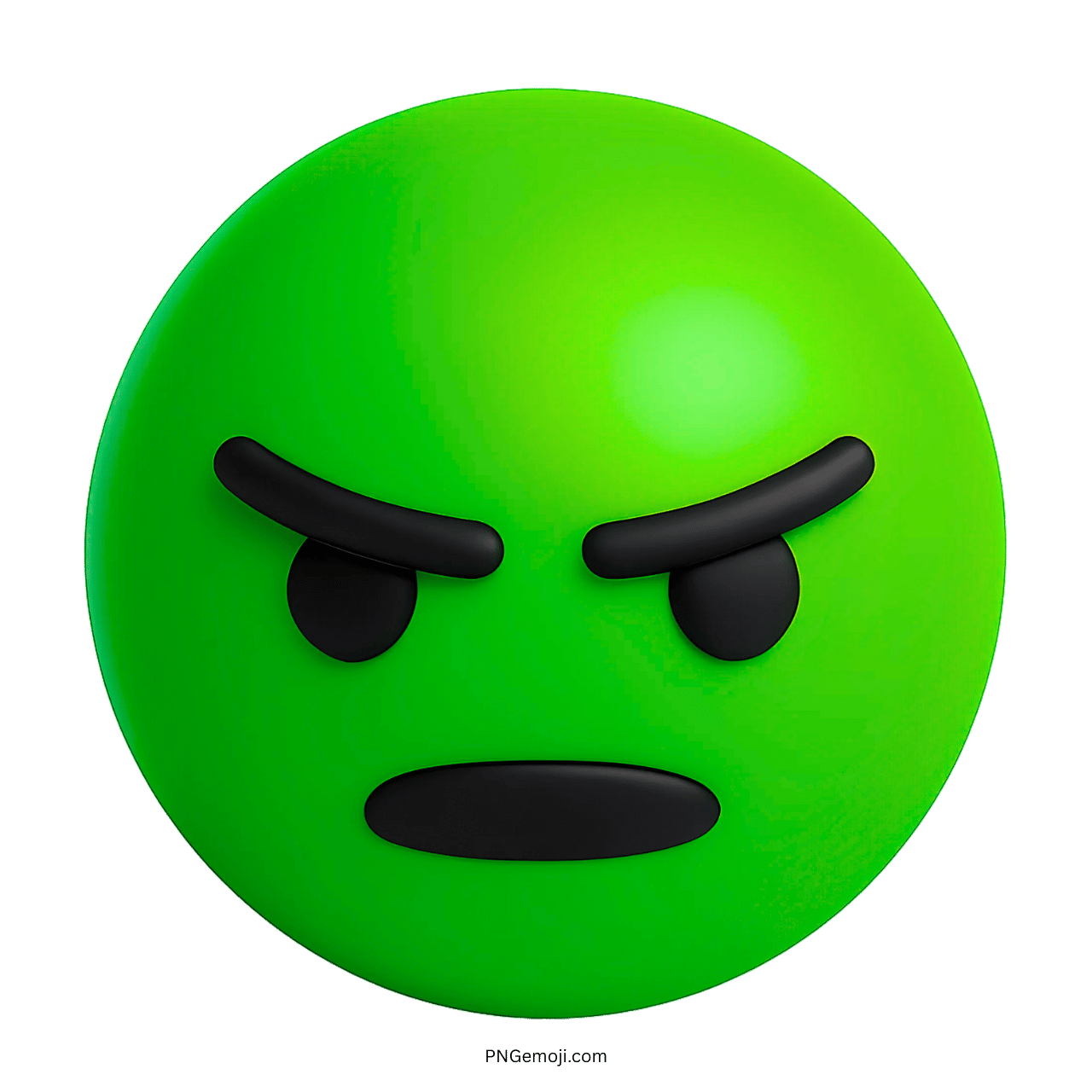 3D green angry emoji face with black frown and fierce eyebrow expression