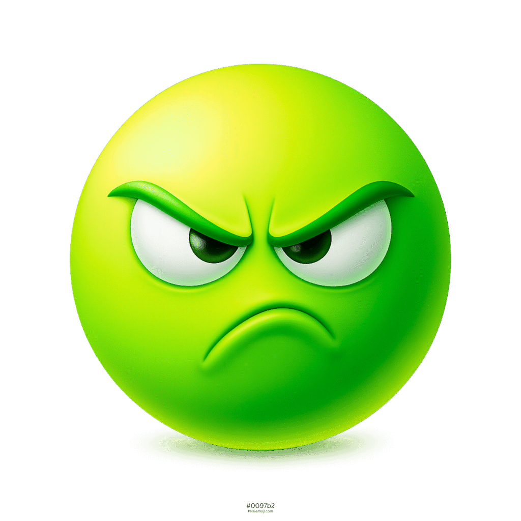 3D green annoyed emoji face with angry eyes, furrowed brows, and frowning expression