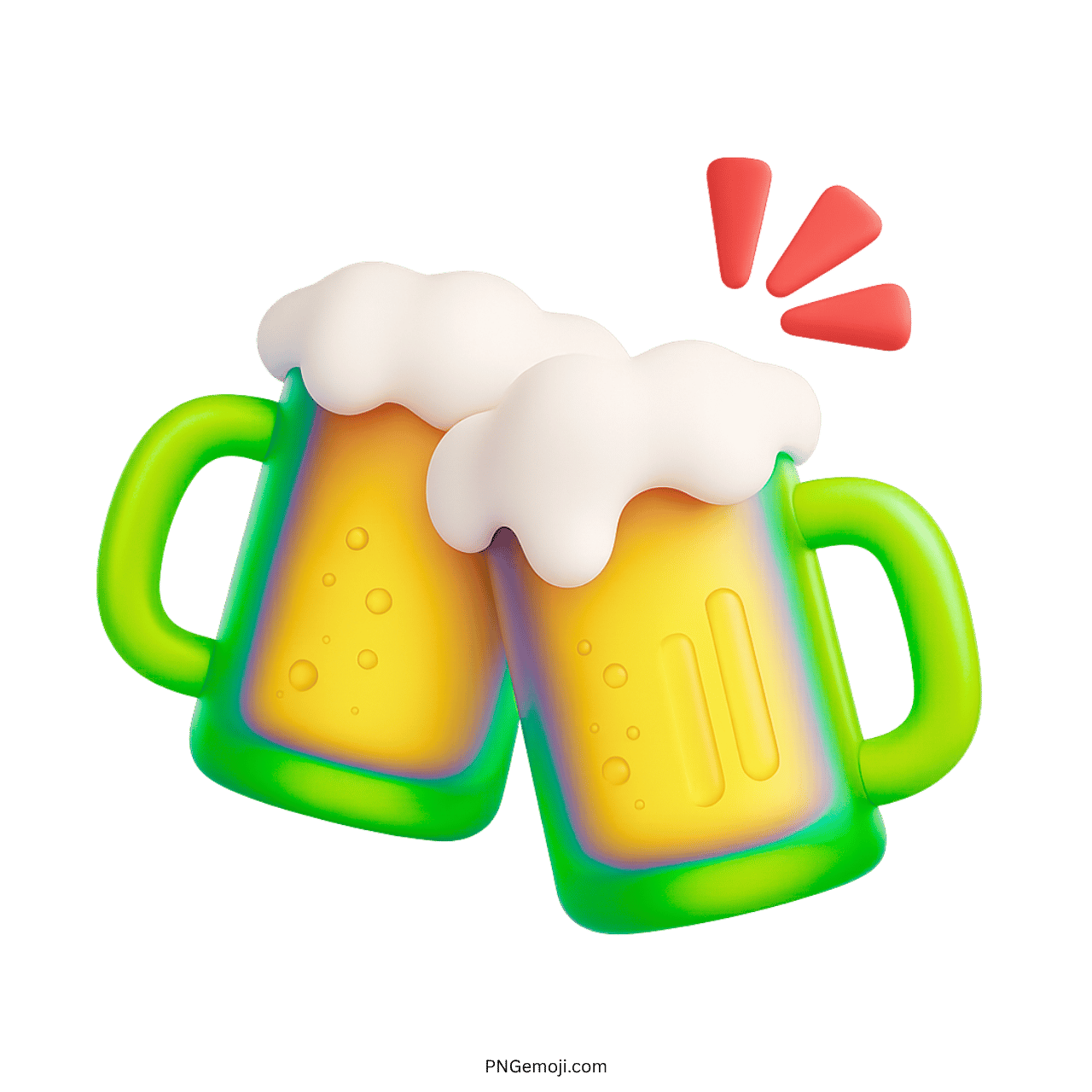 3D green gradient beer mugs clinking with frothy tops and red celebration sparks