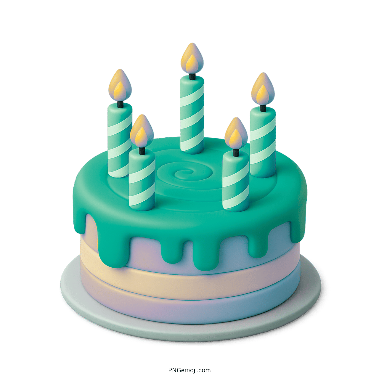3D green birthday cake emoji with striped candles and teal drip frosting design.