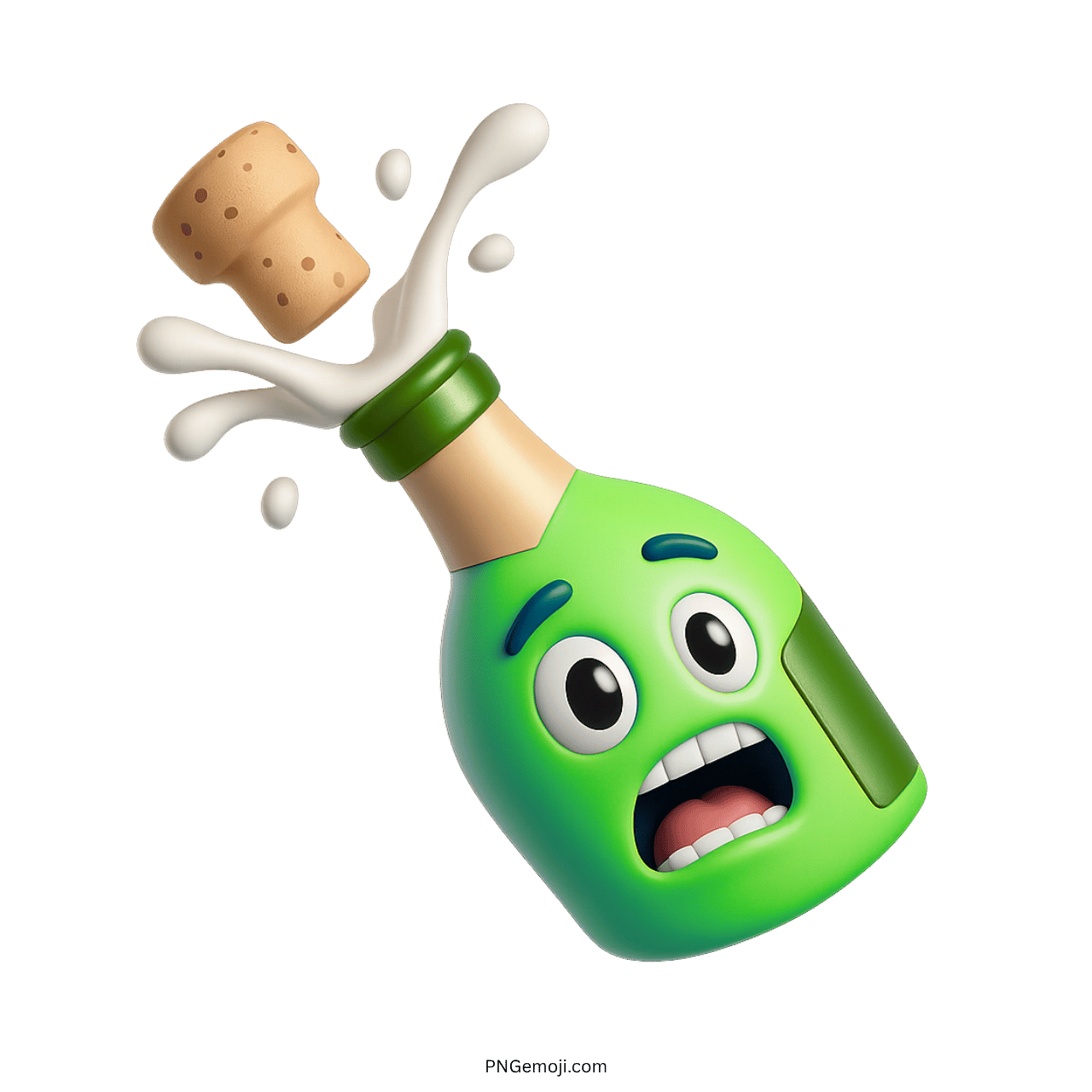 Green champagne bottle emoji with popping cork and surprised cartoon face