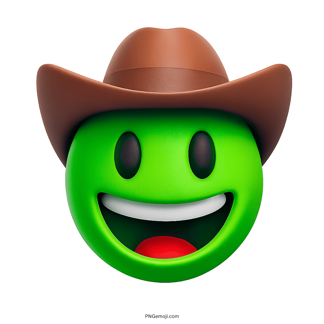 3D green cowboy emoji with a brown hat and smiling face