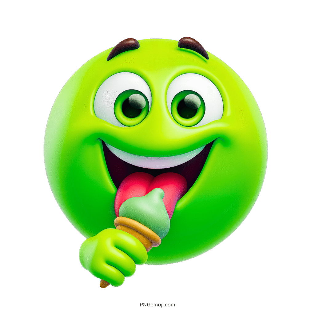 Green emoji cartoon smiling while licking colorful ice cream with wide happy eyes