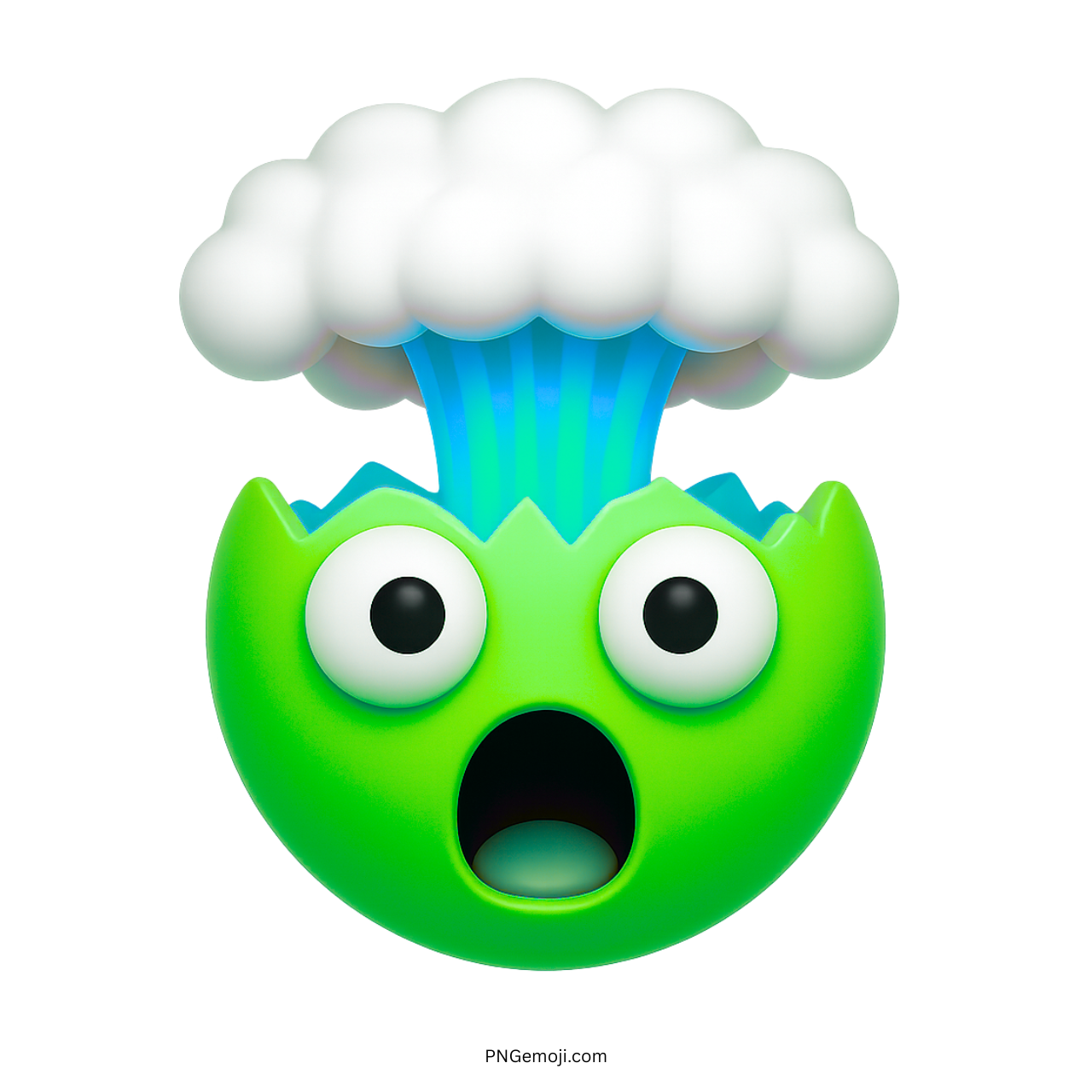 Green exploding head emoji shocked cartoon face with cloud burst transparent background