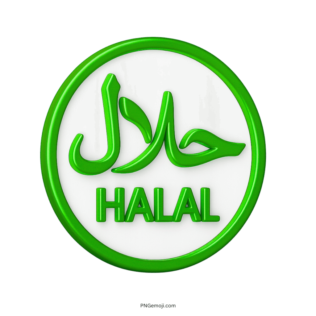 3D green halal emoji with Arabic text inside circular certified label