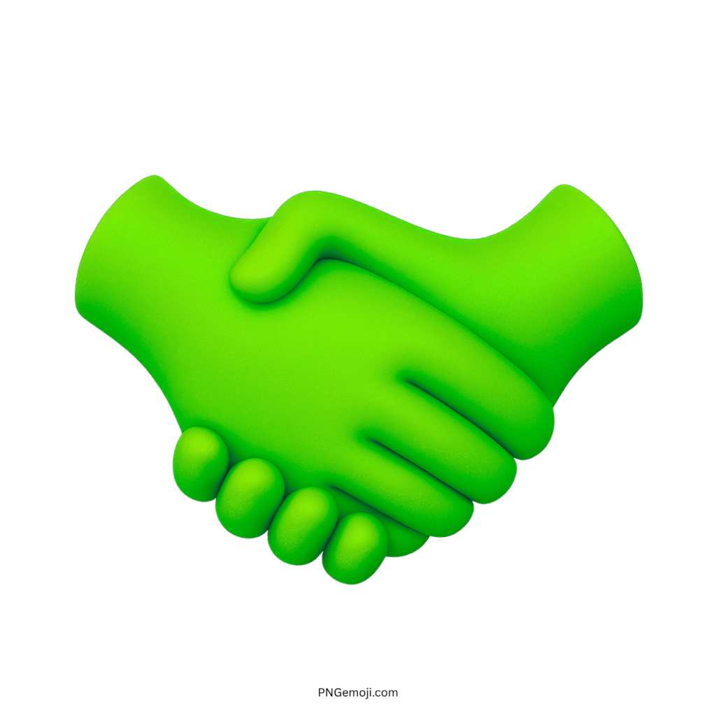 Green handshake emoji with smooth 3D design and friendly gesture symbolizing agreement or partnership.