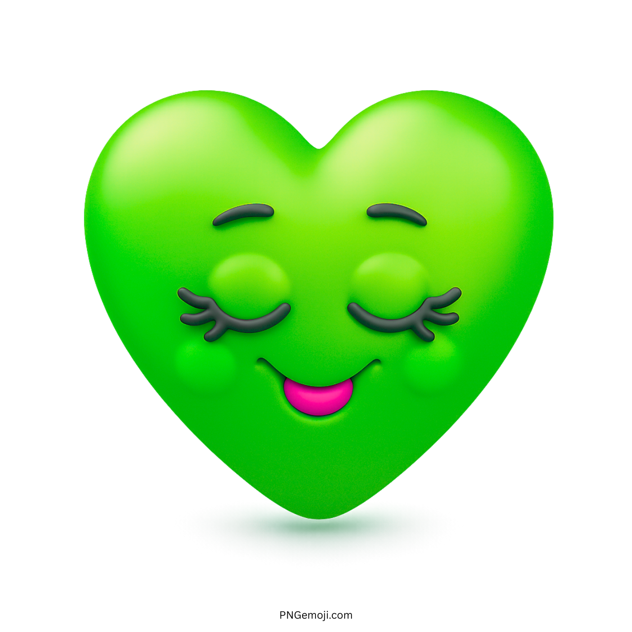 Cute green heart emoji with closed eyes, pink mouth, and blushing cheeks smiling