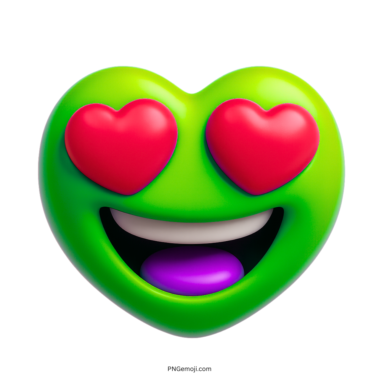 3D green heart emoji with red heart eyes and wide joyful smiling mouth