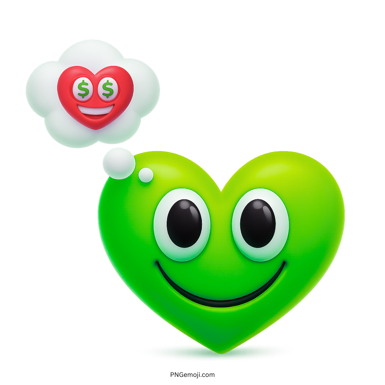 Green 3D heart emoji imagining money in love with red dollar heart