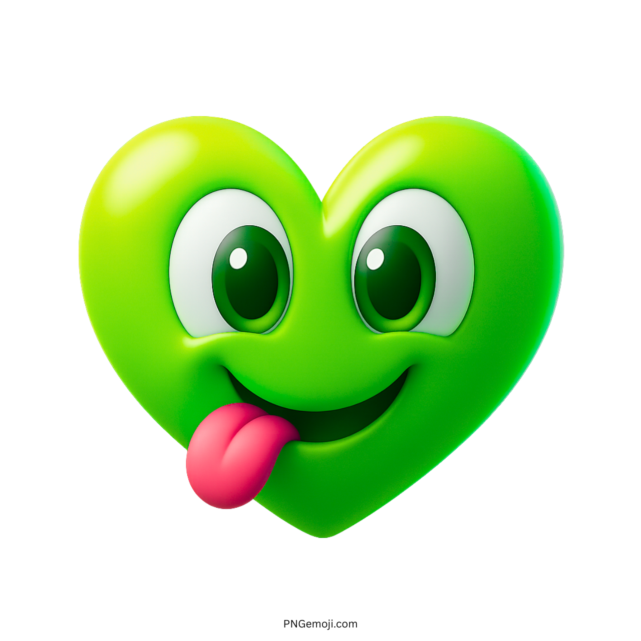 Green heart emoji in 3D with playful pink tongue and funny cartoon eyes