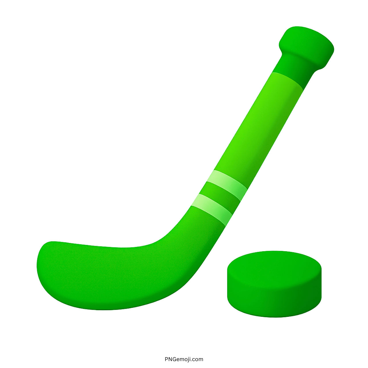 Green ice hockey stick and puck emoji on green background, sport equipment, cartoon style, vibrant design.