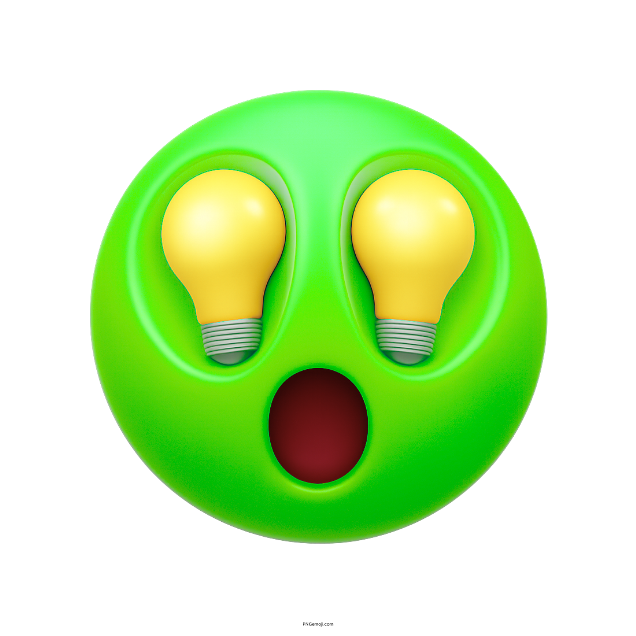 Green emoji face with glowing lightbulb eyes and shocked mouth showing inspiration moment