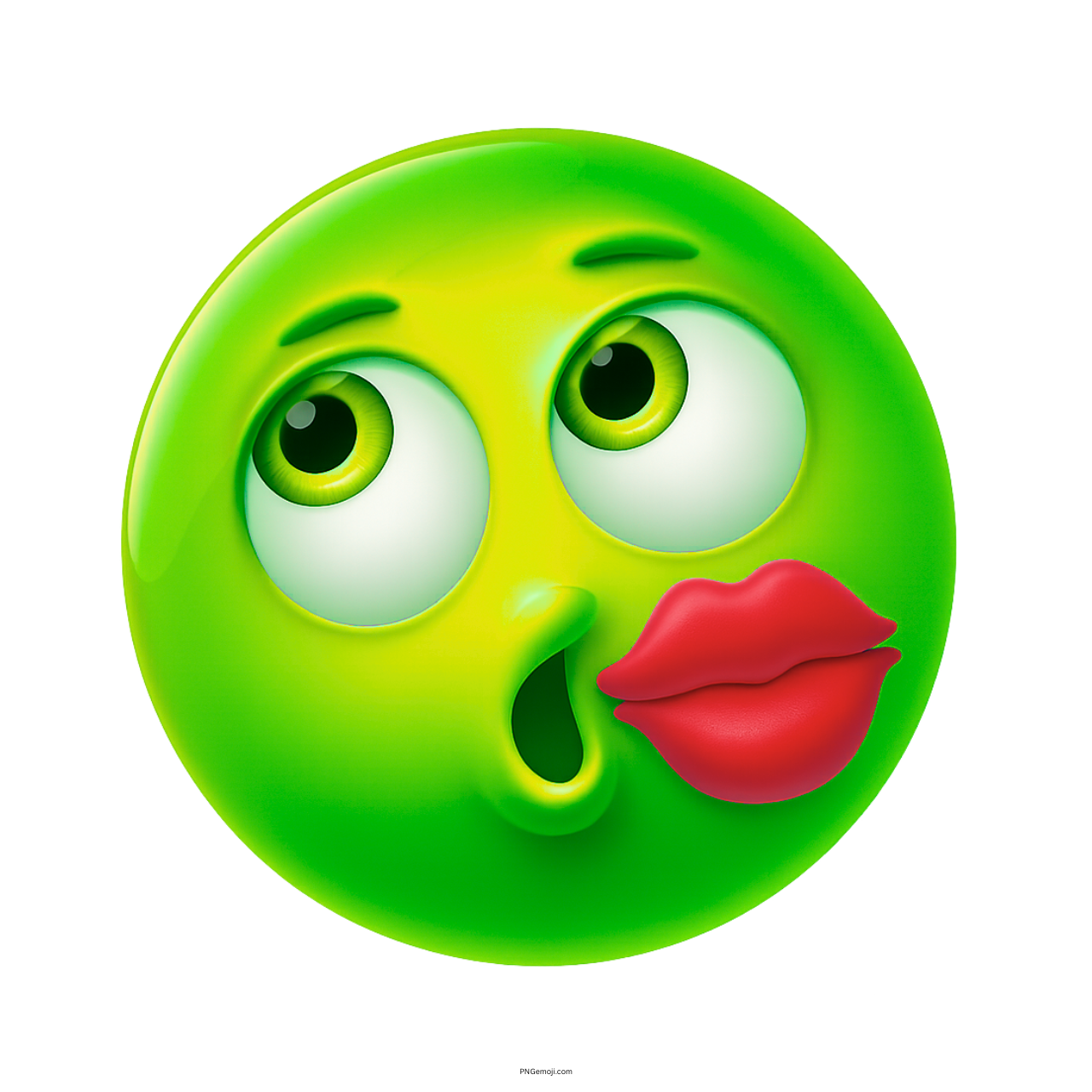 3D green emoji with shocked face and red lipstick kiss on cheek