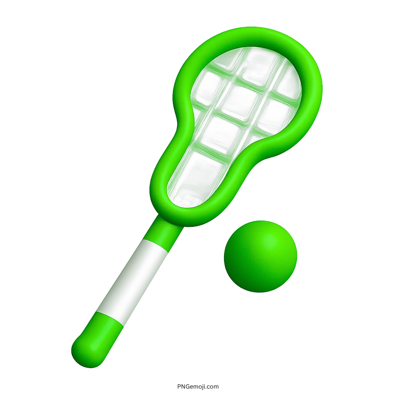 Green lacrosse stick with net and ball illustration emoji, sports equipment design.