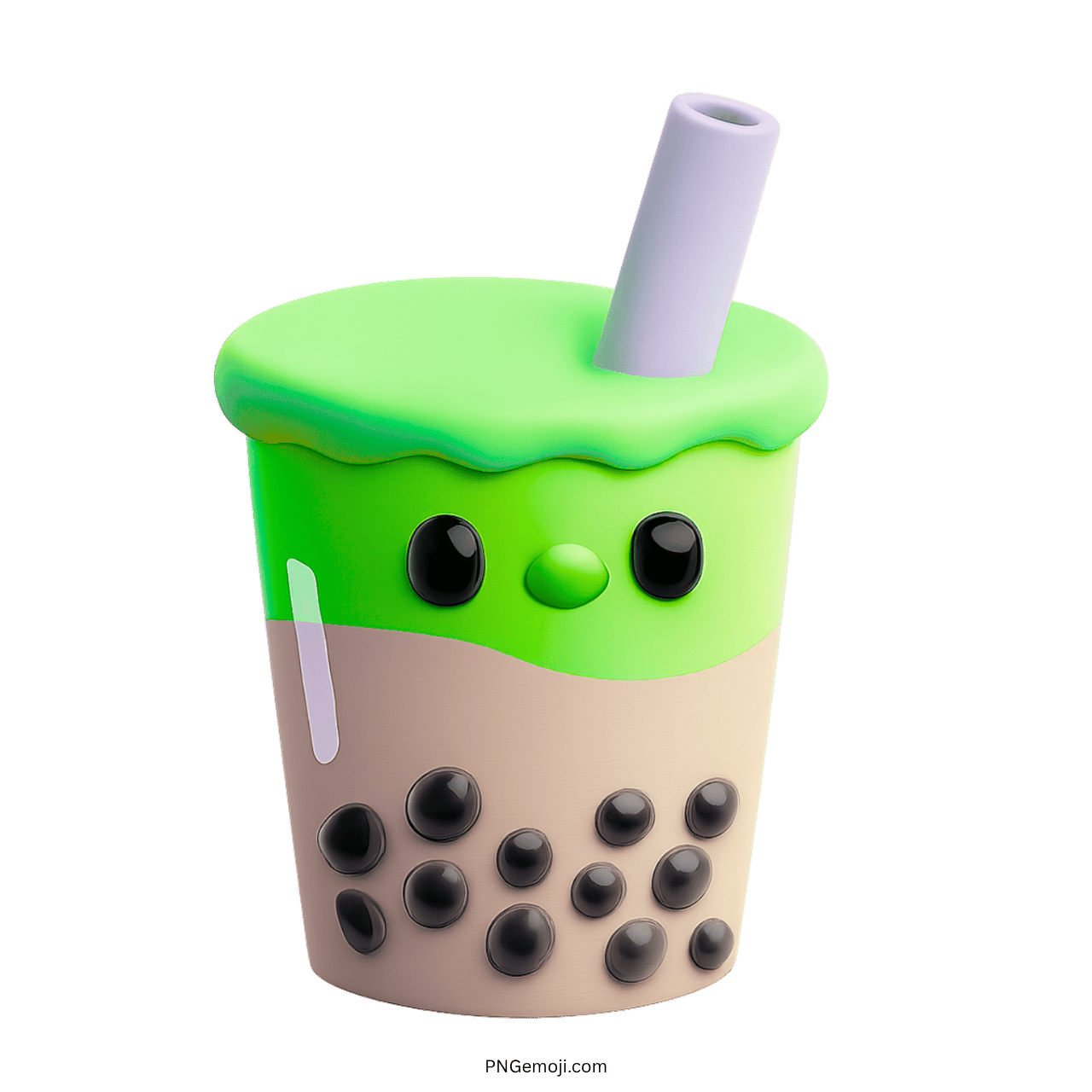 Green matcha bubble tea emoji with kawaii face and purple straw PNG