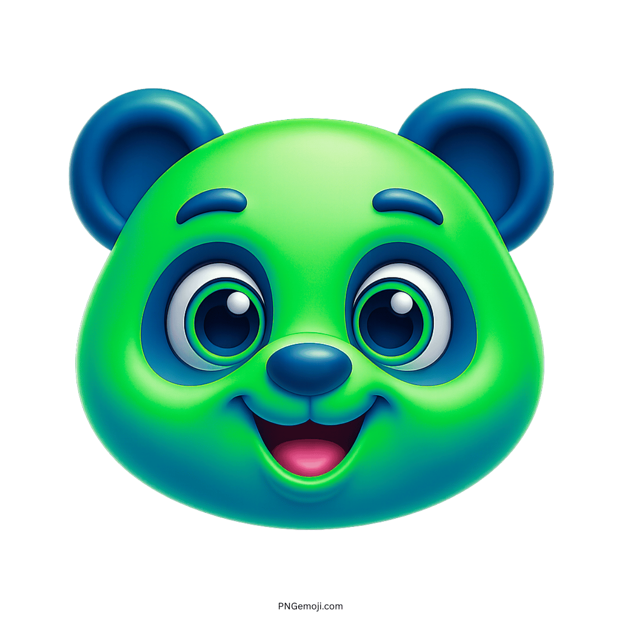 Cute green panda face emoji with blue eyes, cartoon style, smiling happily, blue ears, vibrant colors, cheerful expression.
