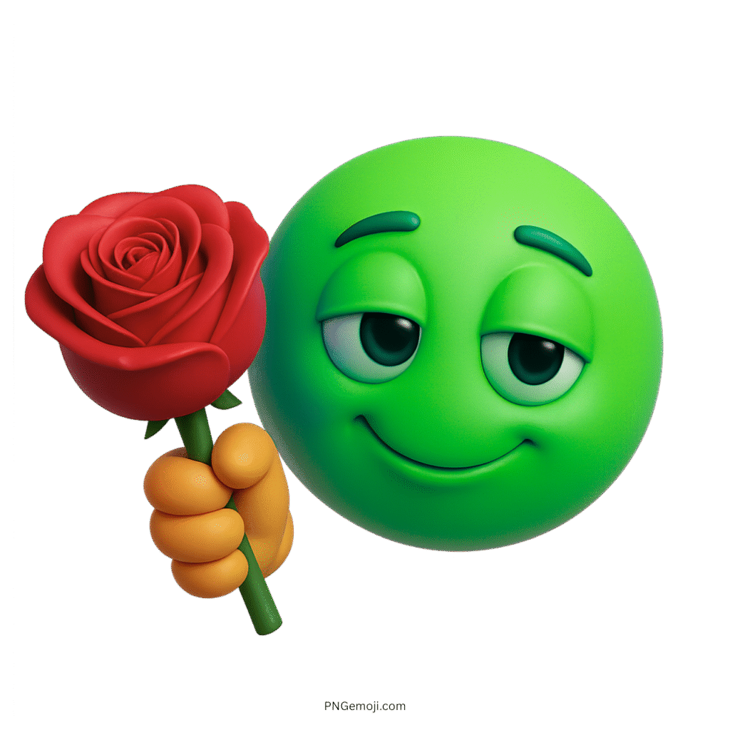 Green 3D emoji with romantic smile holding red rose in hand