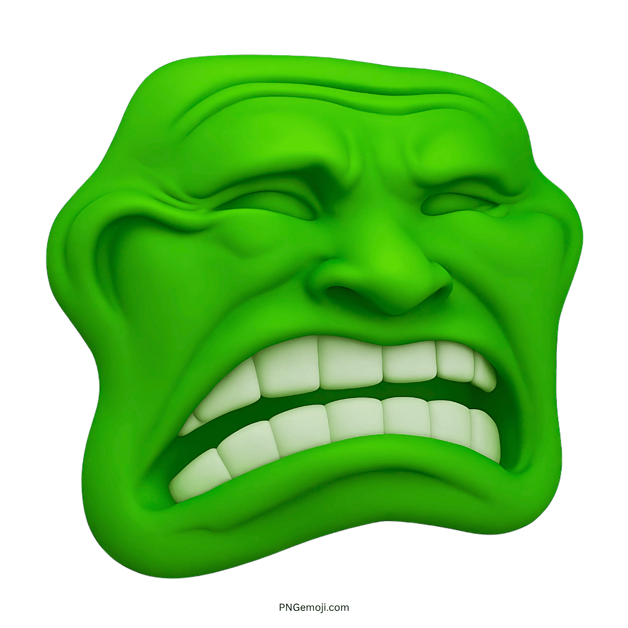 bright green sad troll face emoji with grimacing teeth and intense emotional expression