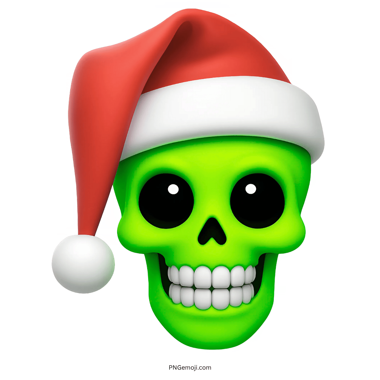 3D green skull emoji with Santa hat and wide eyes on transparent background