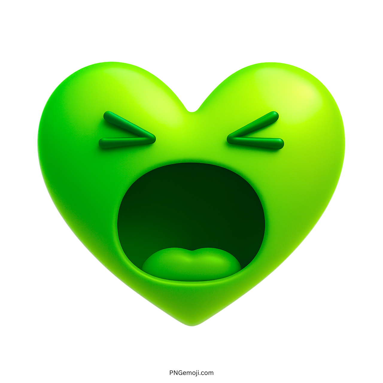 Bright green heart emoji shouting loudly with eyes shut showing intense emotion burst